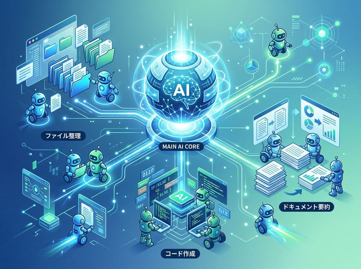 AIエージェントが並列でコード作成・ファイル管理・ドキュメント要約を処理するイメージ