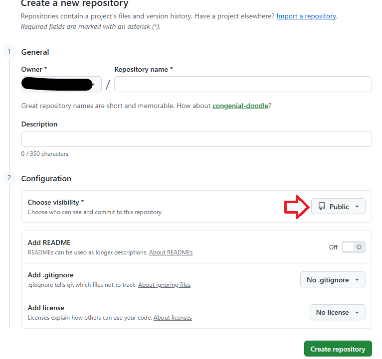 New repository画面(項目確認)