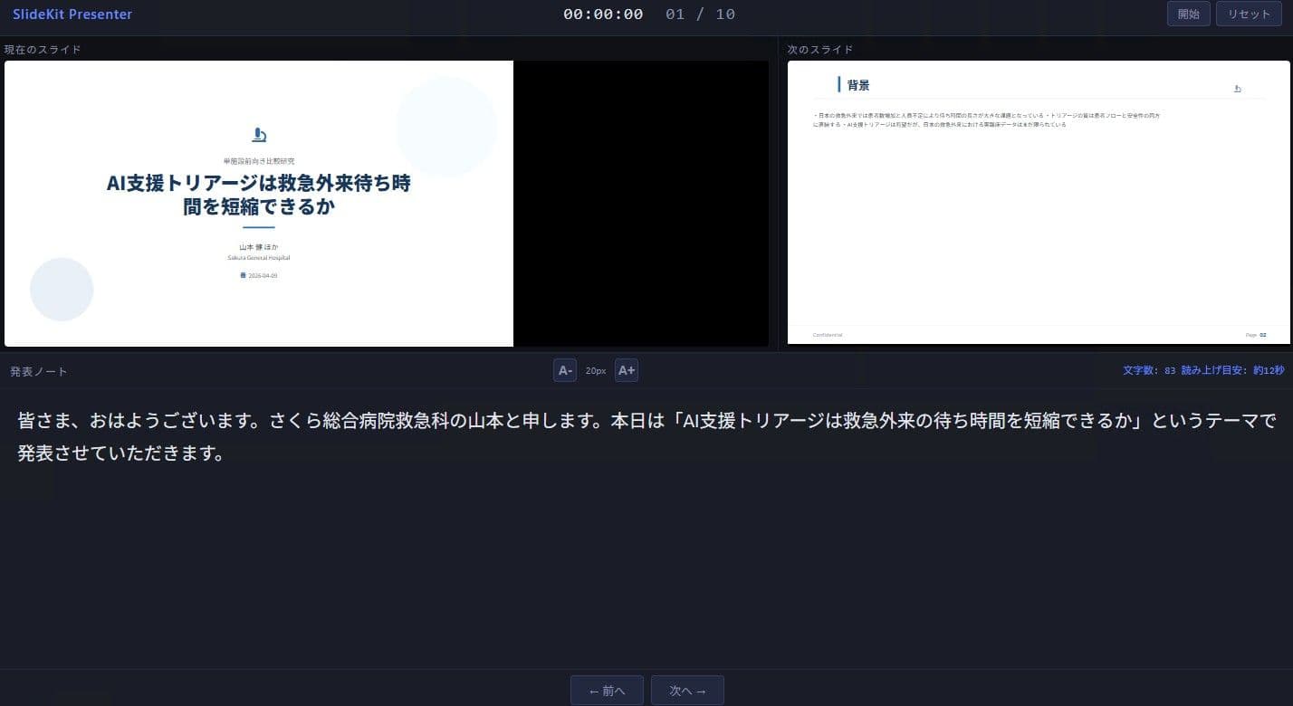 発表者画面の全体像。上半分にスライド2枚、下半分にノート、ヘッダーにタイマー